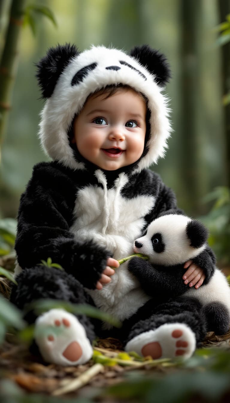AI generated: A hyper-realistic image of a baby dressed in a panda costume; soft black and white fur; sitting on a...