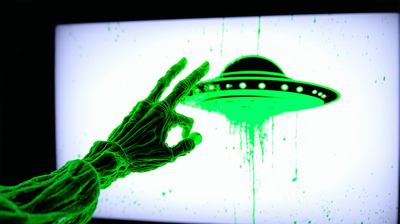 AI generated: Macroview of an green alien hand touching a tv screen with green splatters and a UFO silhouette on i...