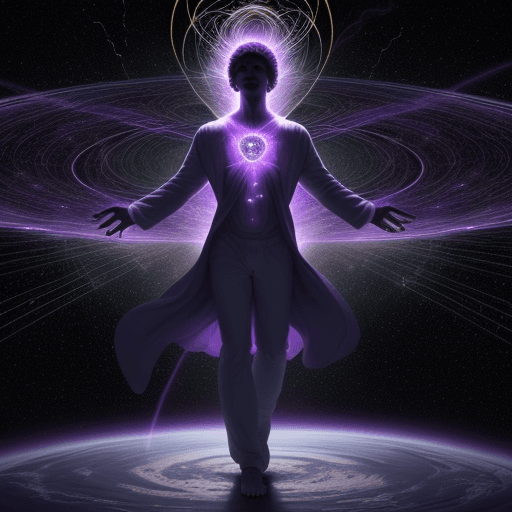 AI generated: man standing on universe, with a spirit in him which is covered by a Holy Spirit, Holy Spirit is con...