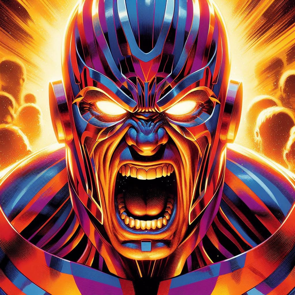 AI generated: close up of Kang the Conqueror of Marvel screaming, in a fit of rage, Masterpiece, gigantic scale, a...