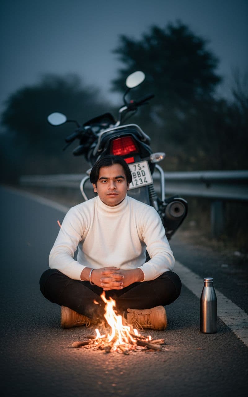AI generated: A realistic portrait of a two young man sitting in an outdoor road side setting, warming himself by ...