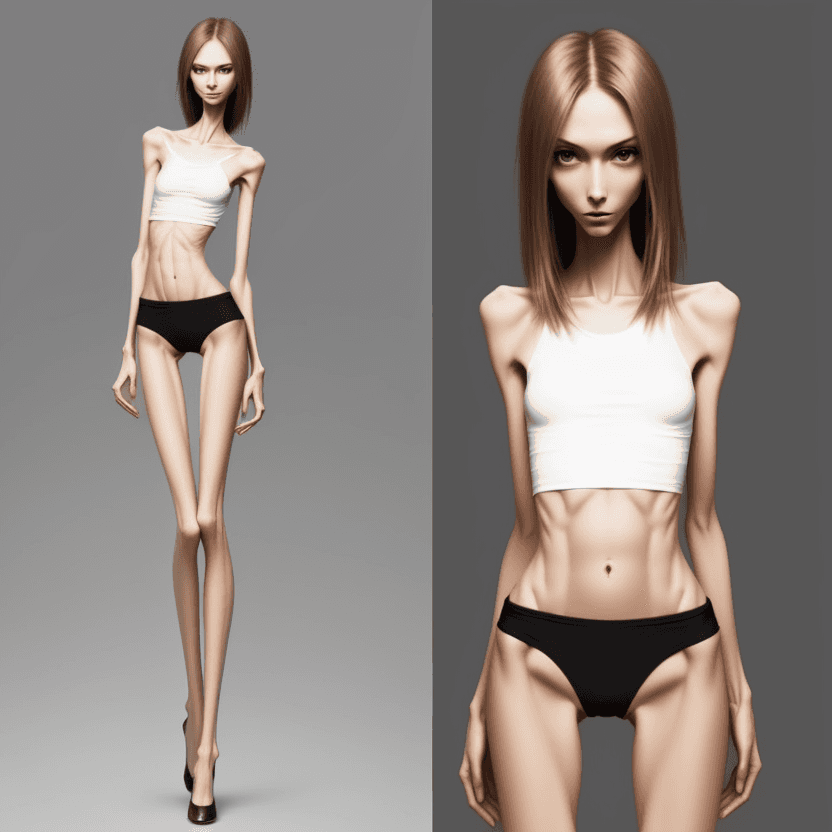 AI generated: extreme beautiful skinny slender (almost anorexic)  girl with skinny slender thighs narrow, 