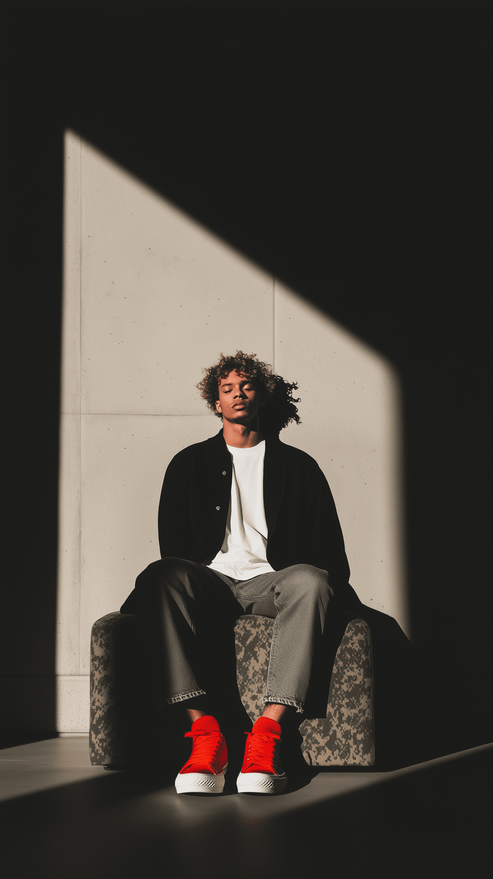 AI generated: photography, magazine cover, tilt shot, male model lounging on a worn camouflage sofa, casually dres...