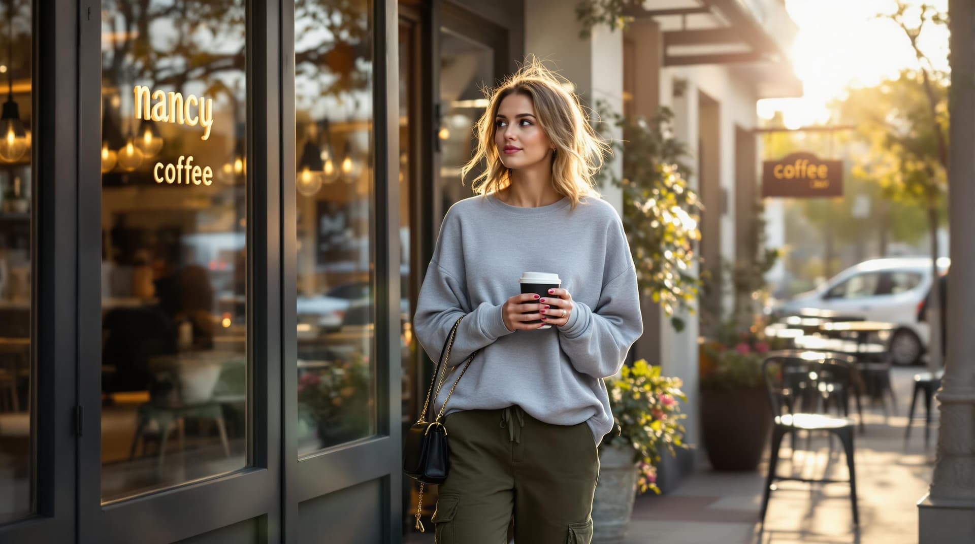 AI generated: Nancy stands outside a chic coffee shop, holding a steaming cup of coffee. Her oversized grey sweats...