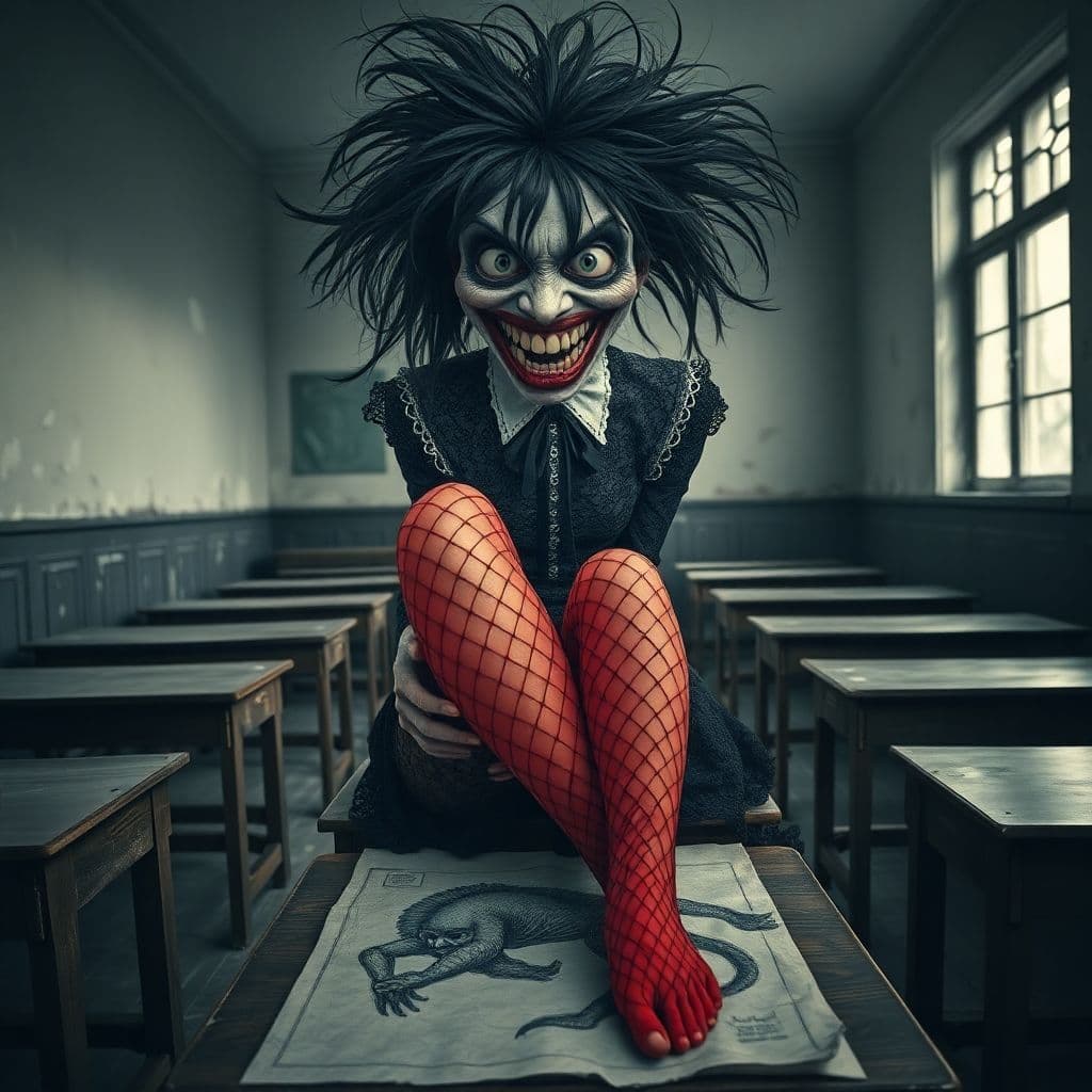AI generated: A surreal and unsettling scene set in a dilapidated, old-fashioned classroom with wooden desks and p...