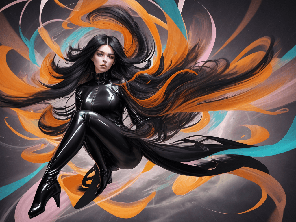 AI generated: The image depicts a woman in a dynamic pose, suspended in mid-air within a swirling vortex of colors...