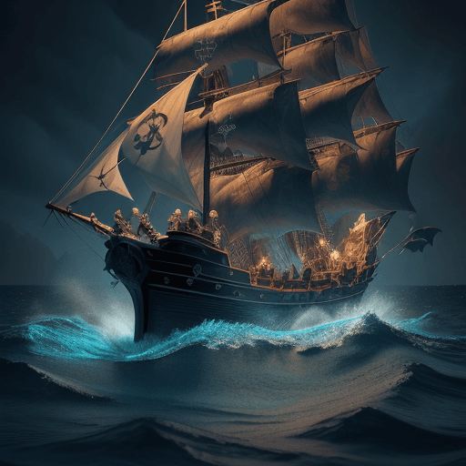 AI generated: pirate ship in dark blue sea, music notes in water, pirate flag with 6 man, crowd people in backgrou...