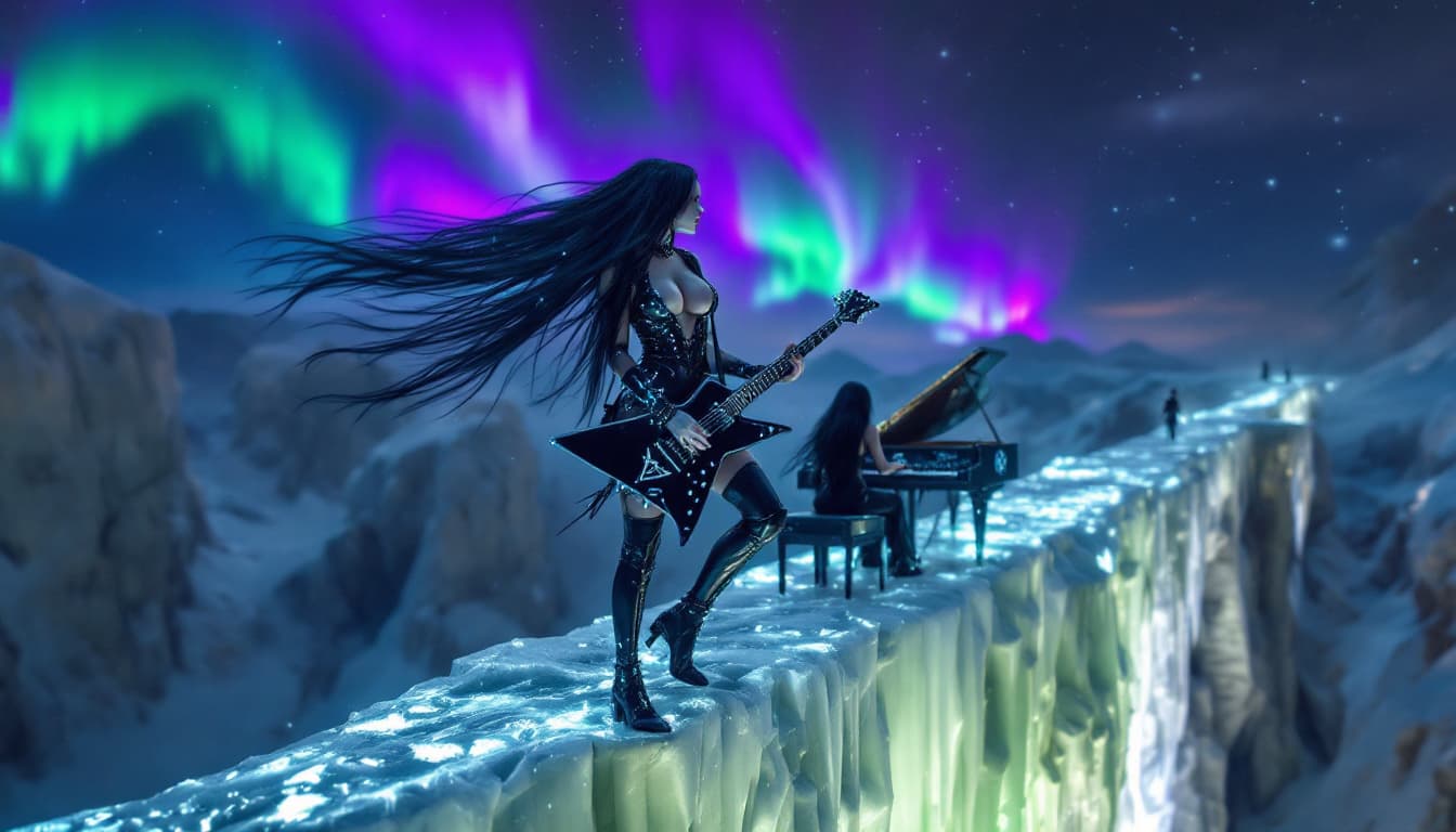 AI generated: the scene captures a closeup of the gothic maidens with big breasts performing on a narrow, icy brid...