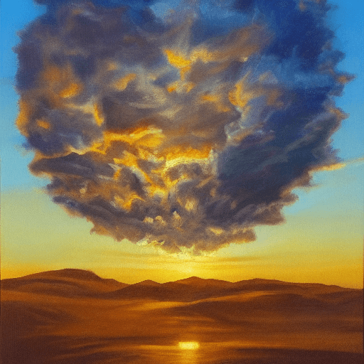 AI generated: OIL PAINTING OF A 9 ETHER BEING ON TRONE WITH CROWN WITH LIQUID BLUE SKY AT SUNSET