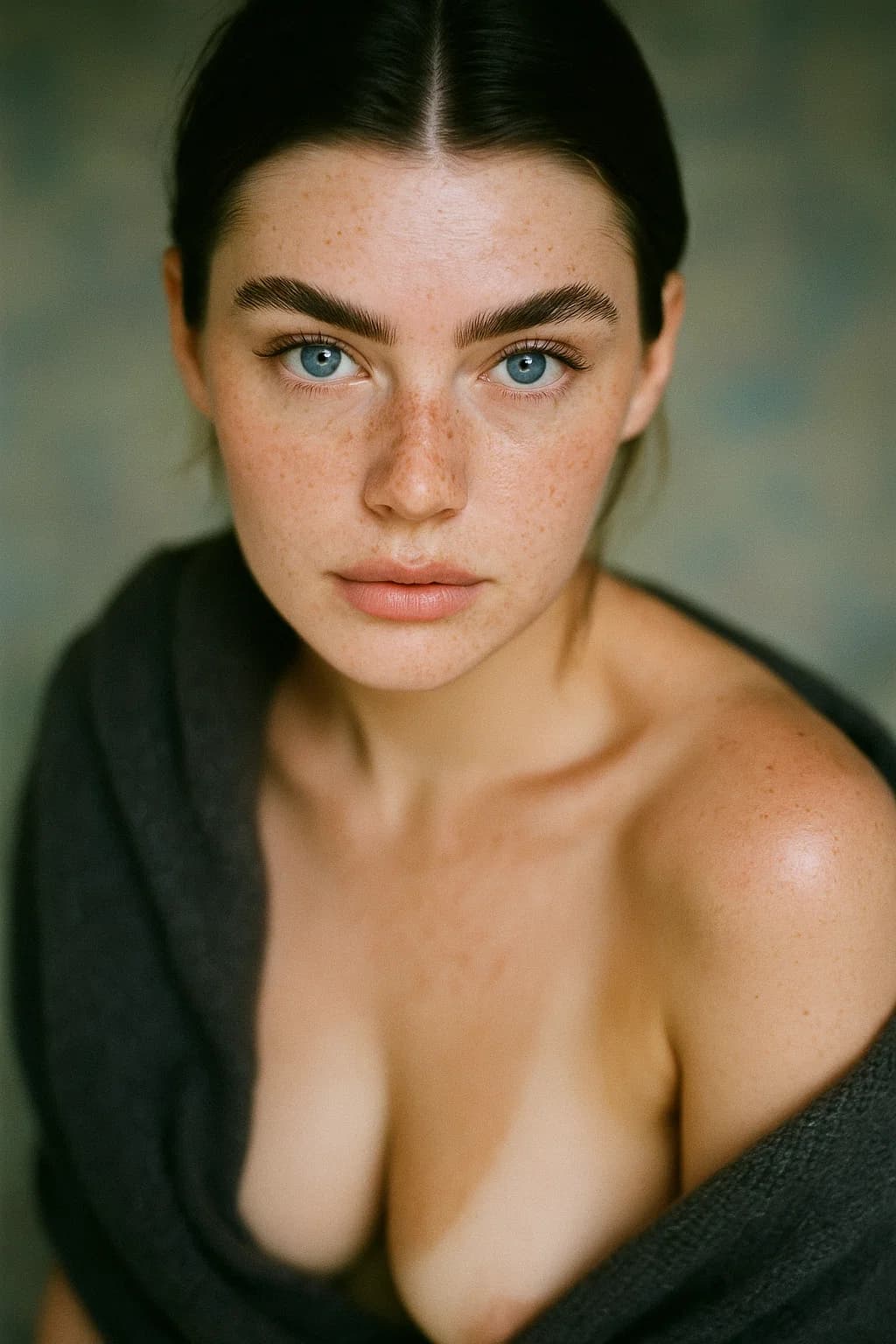 AI generated: Ein bildhübsches Gesicht nah Aufnahme von etwas erhöht aufgenommen und stechend blauen Augen mit mod...