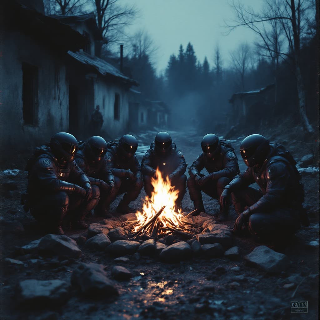 AI generated: a group of mercenaries in dark blue exosuits sitting around a fire, ruined post-soviet village, nigh...