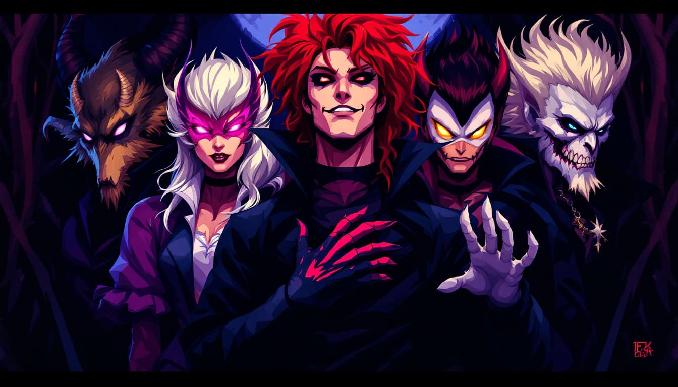 AI generated: 16bit logo,team of five,human like creatures,vampires,

