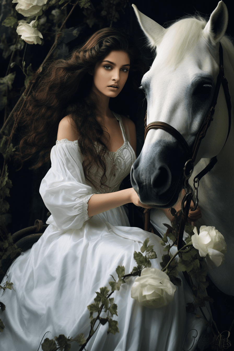 AI generated: a woman in a white dress sitting on a black horse, in the style of soft and dreamy depictions, wicca...