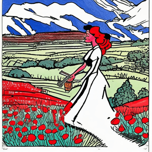 AI generated: Pen and ink, illustrated by Hergé, background landscape. pregment woman red and white stick in hand,...