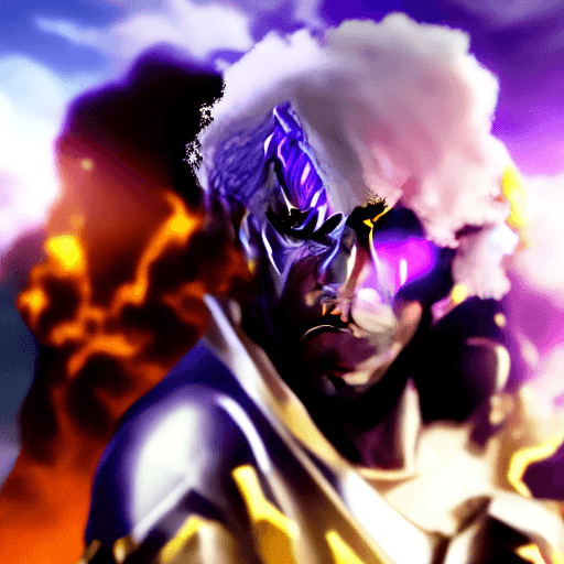 AI generated: An anime action scene of a floating black man with red eyes in his 30s, dressed in purple and gold a...
