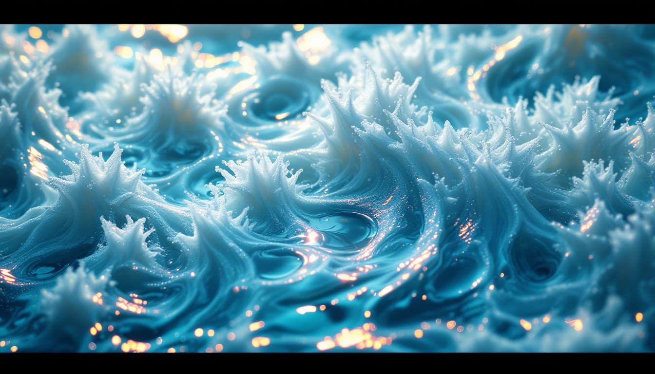 AI generated:   a fiction landscape in the ocean made of giant water trees, cluster of   sea foam flowers are bloo...