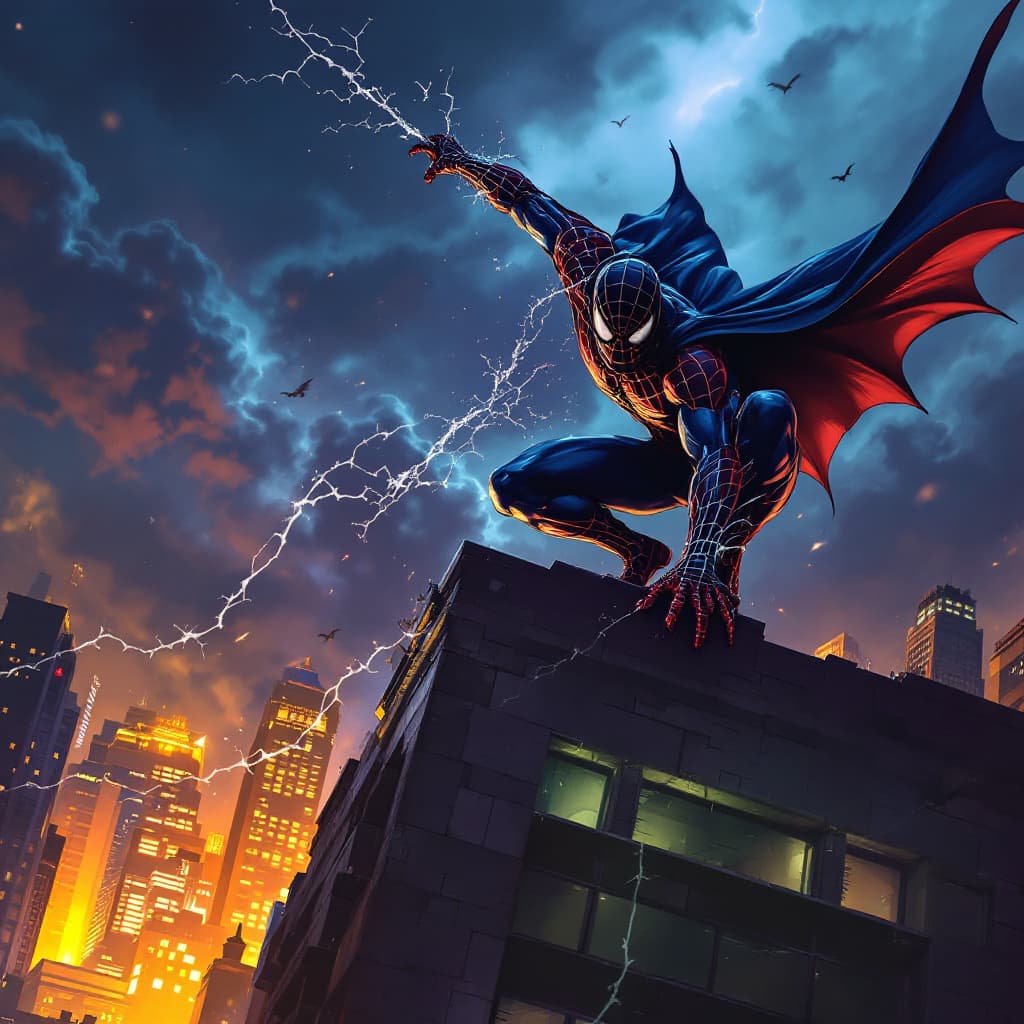 AI generated: spider man fight bat man on the top of building 