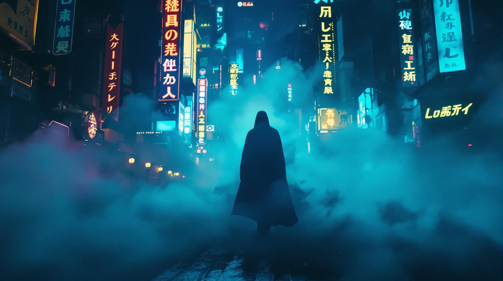 AI generated: A mysterious phantom figure walking through neon-lit fog, a shadow dissolving into the night. The sc...