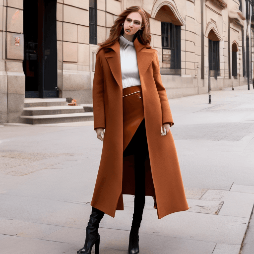 AI generated: Fashion model with chestnut back tucked hair, makeup, lipstick, wearing a camel color long coat over...