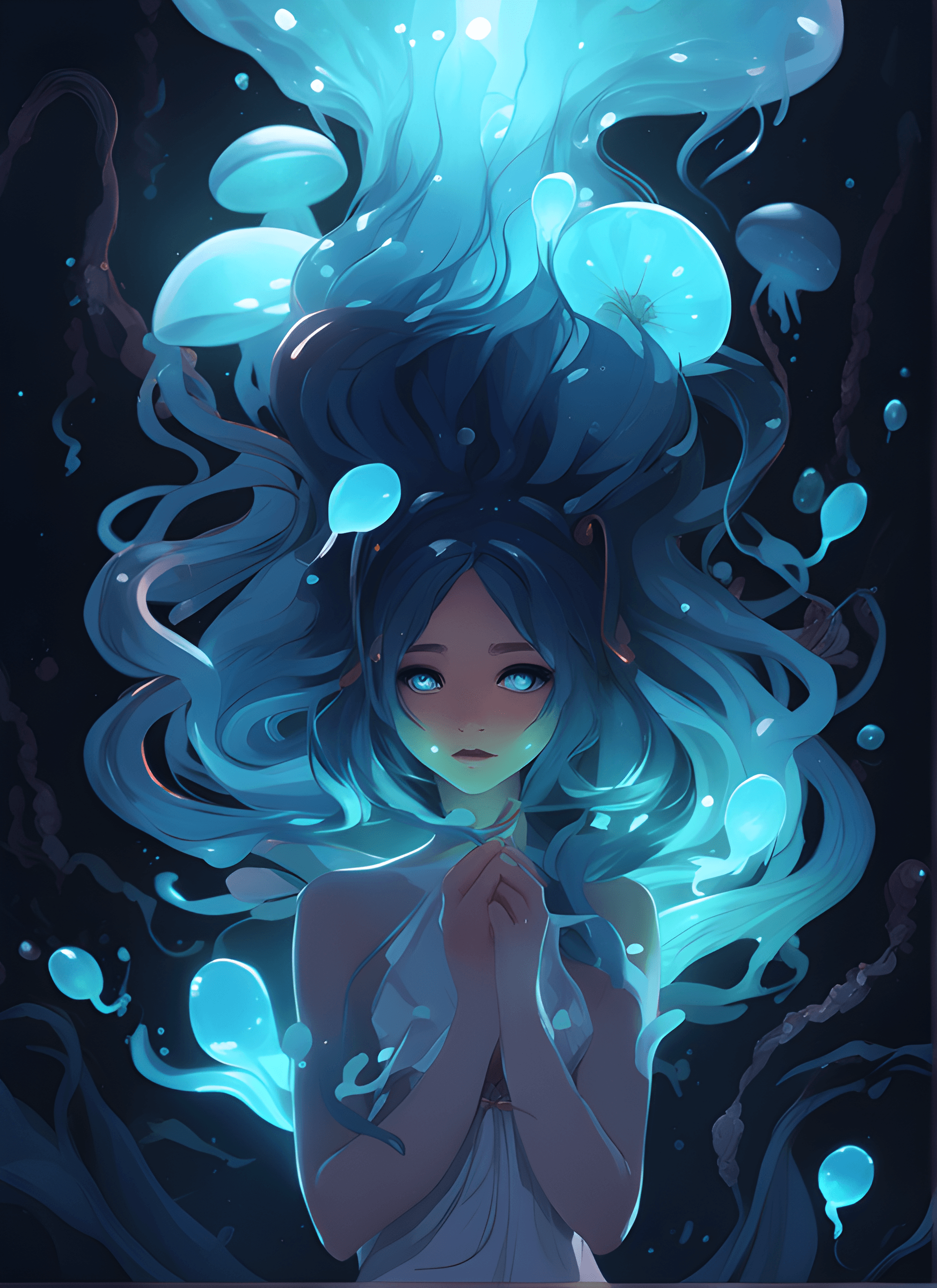 AI generated: a cartoon girl with blue hair and a white dress holding a blue flower, loish |, loish art style, loi...