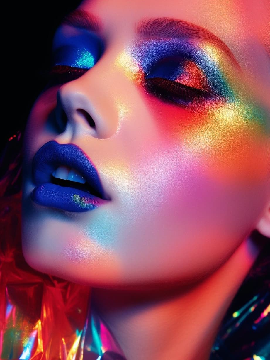 AI generated: a close up of a woman's face with bright makeup, inspired by David LaChapelle, misty neon lights, me...