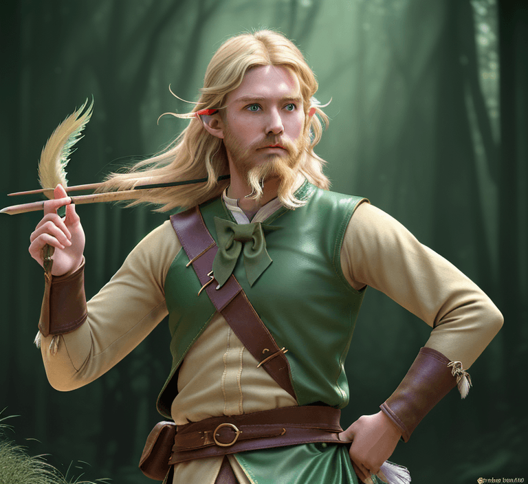 AI generated: high detailed professional upper body photo of a very young half-elf archer with shaggy blonde beard...