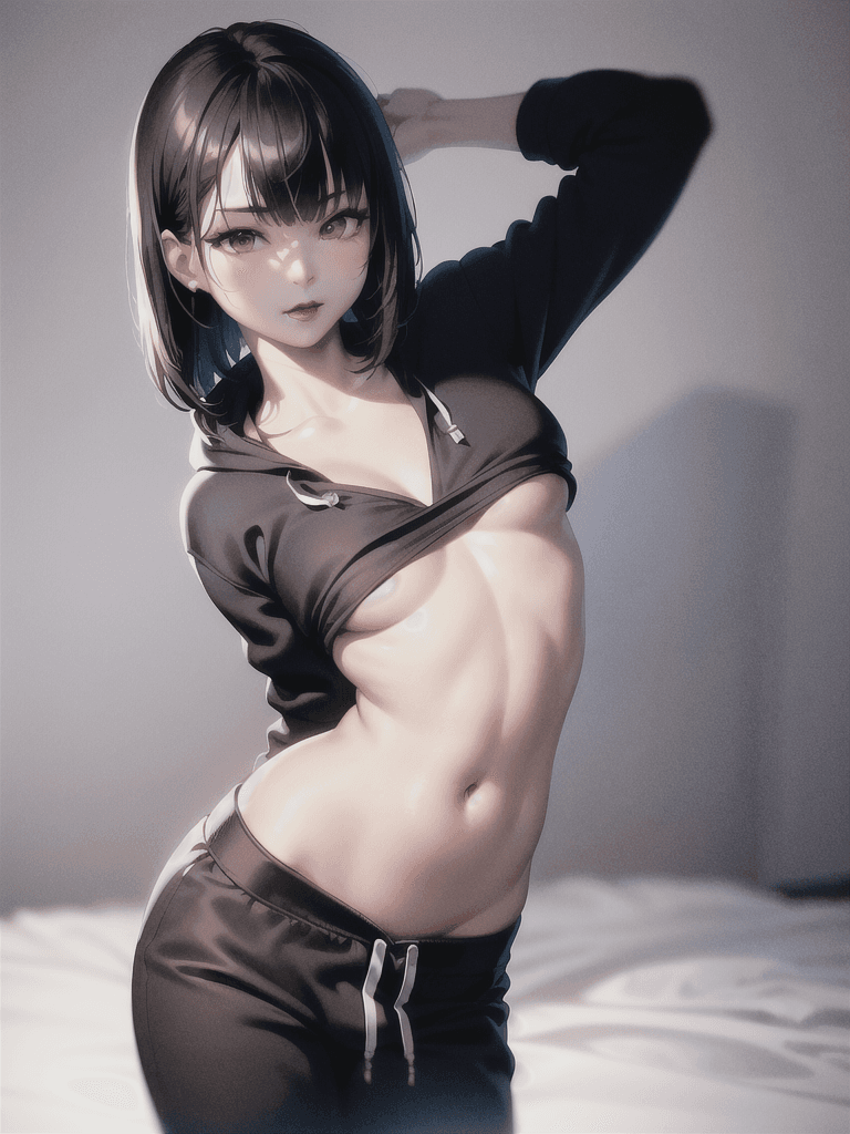 AI generated: 1 girl, beautiful Korean girl, (Cute Loose Bob hair), (wearing a cropped hoodie, capri sweatpants:1....