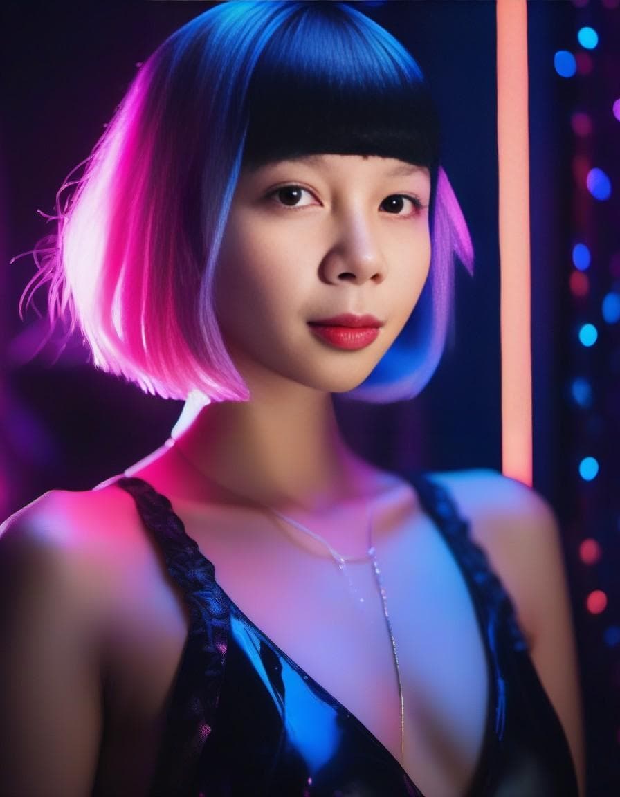 AI generated: A pretty partygoer lady with fancy party attire, silver pink colored hair, cyberpunk, party lights, ...