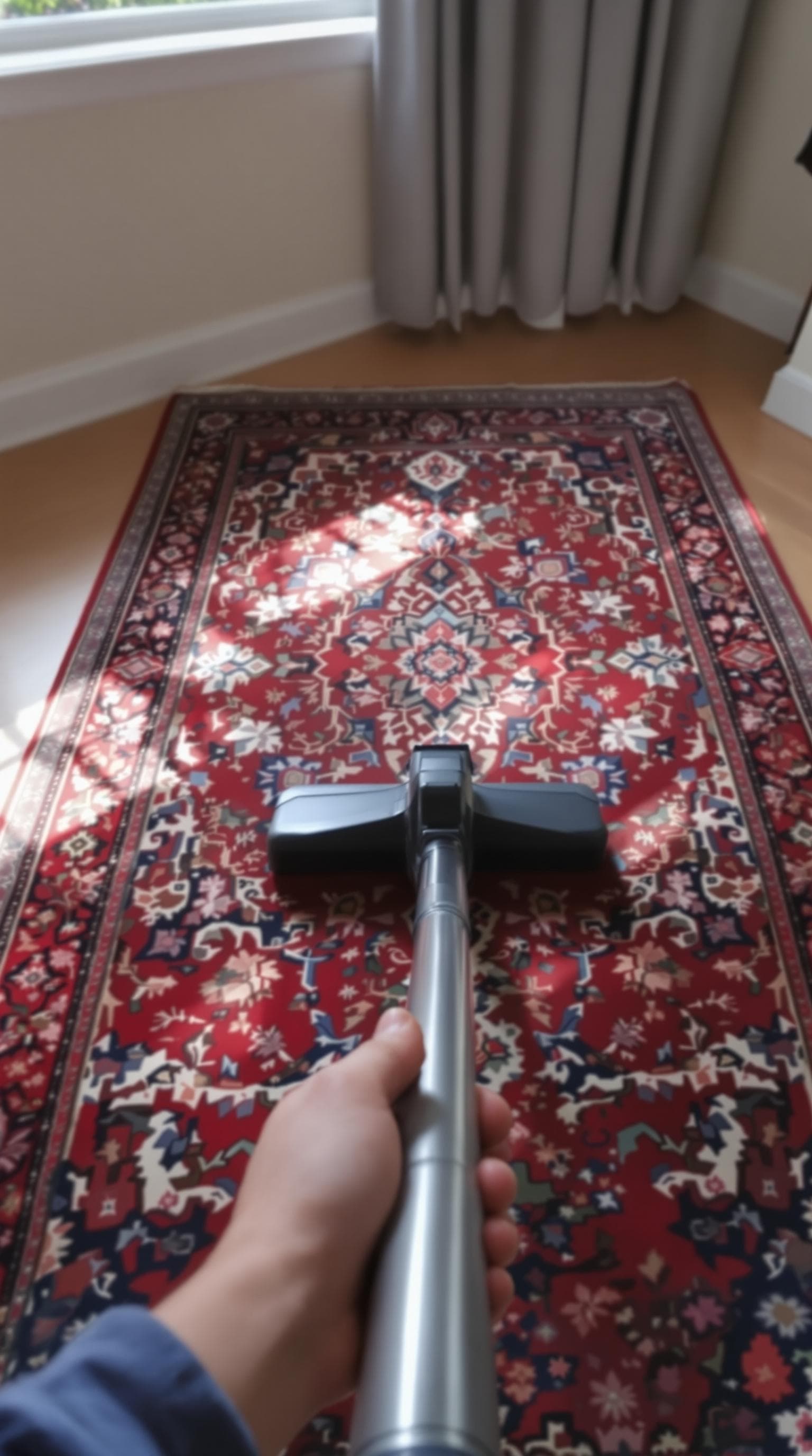 AI generated: POV first-person, I am vacuuming the floor in my small, minimalist home. The camera captures my firs...