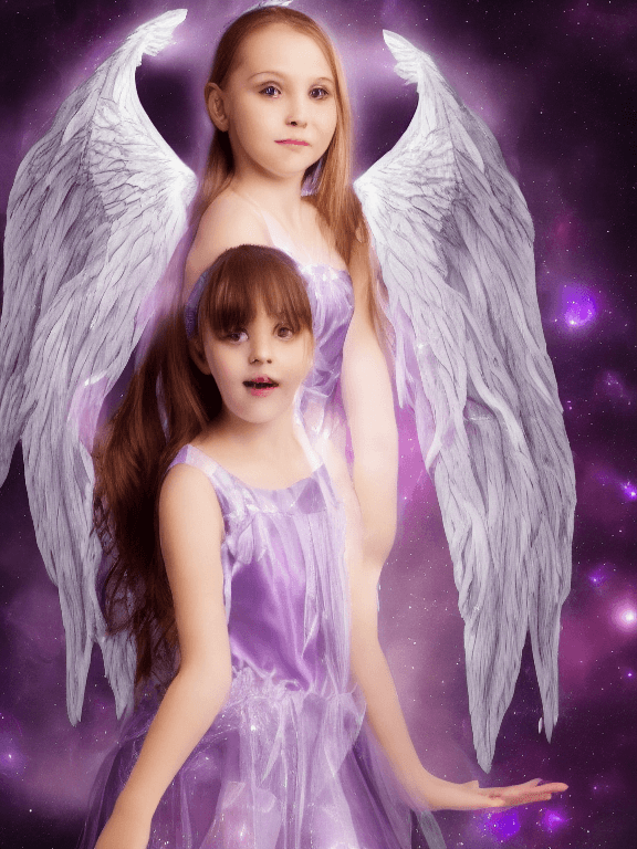 AI generated: Beautiful girl wearing angel costume, mysterious space style, ultra high definition image, dark purp...