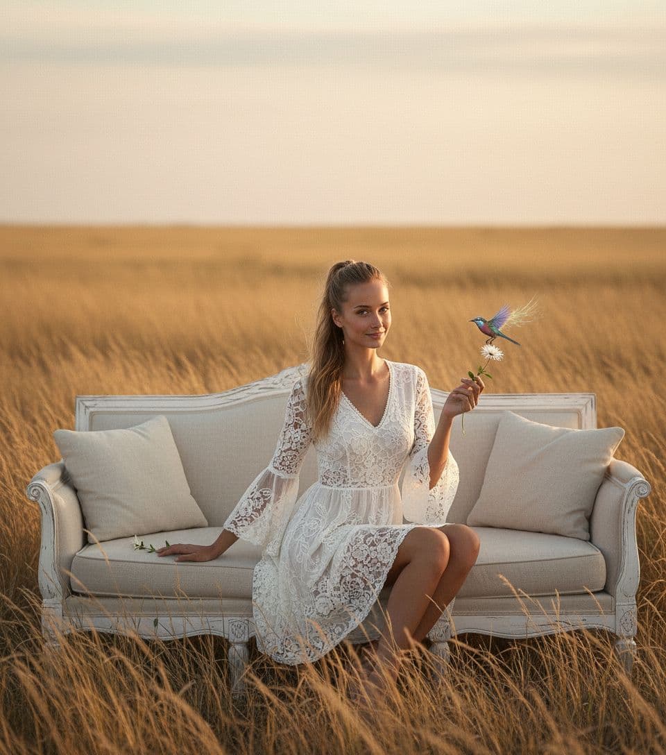 AI generated: a woman sitting on top of a couch in a field, skinny girl in white boho lanced short dress, l, allur...