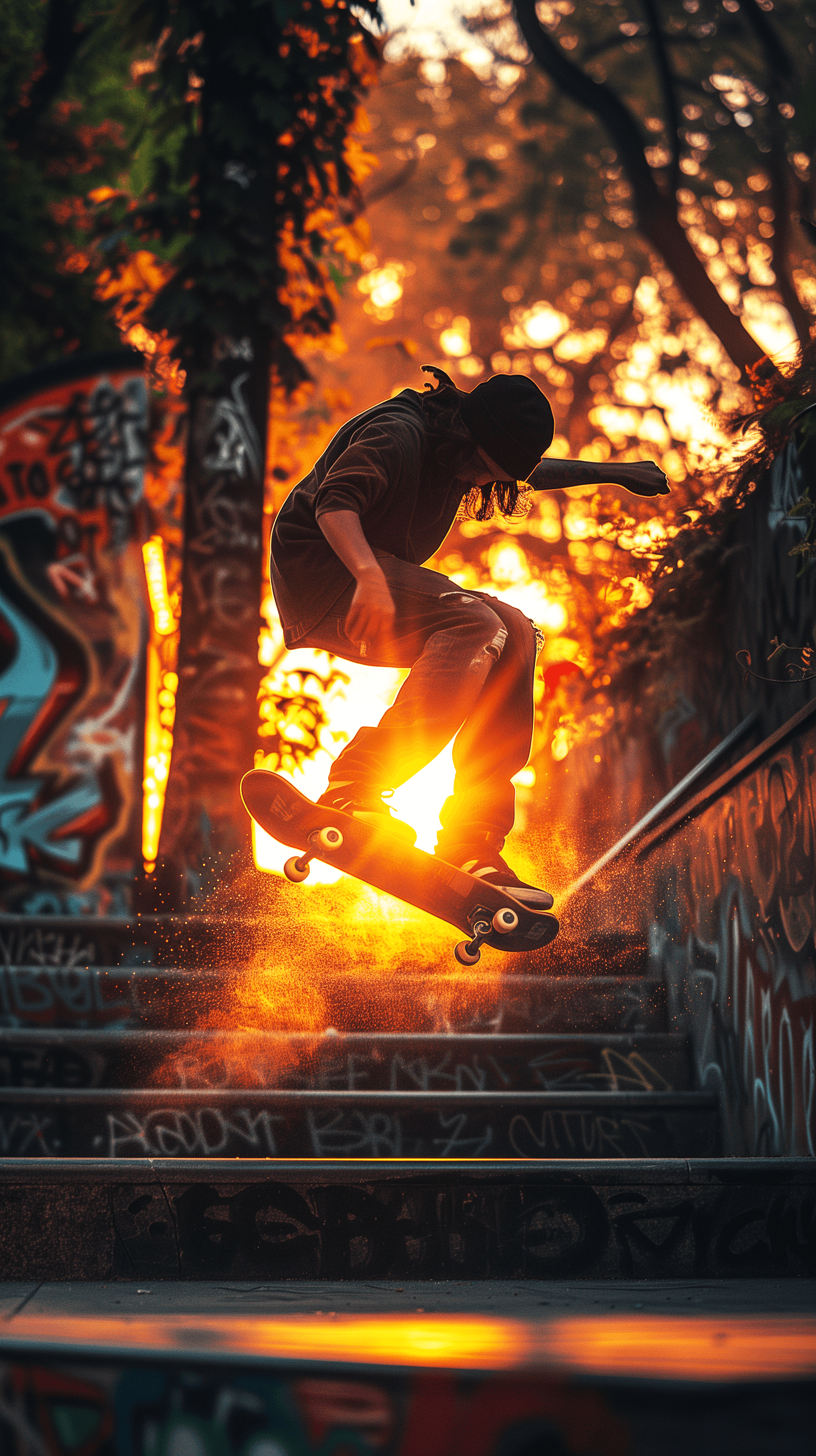 AI generated: photography, dynamic skateboarding scene at dramatic sunset, skateboarder performing a trick down co...