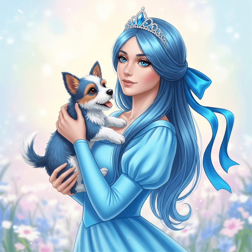AI generated: una princesa azul con lazo azul y un perro