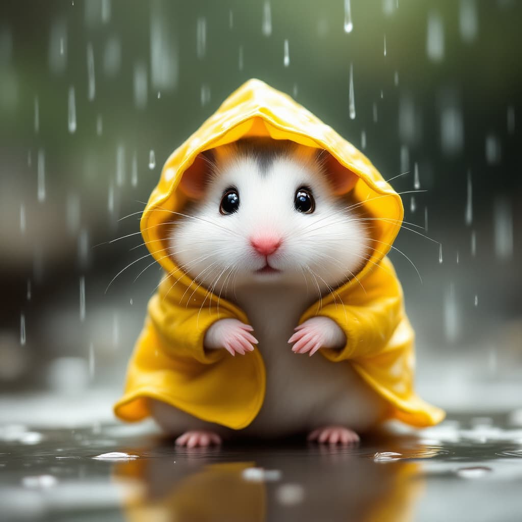 AI generated: A cute Chinese hamster with white-spotted fur sits under the gentle rain, wearing a tiny, bright yel...