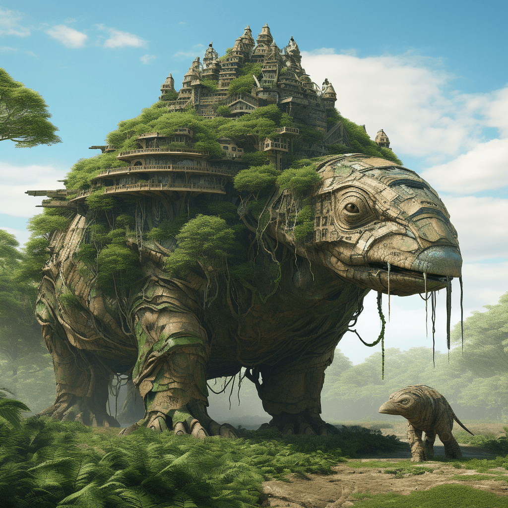 AI generated: ancient giant creature shaped like tortoise has an extraterrestrial kingdom on top of it, in the sty...
