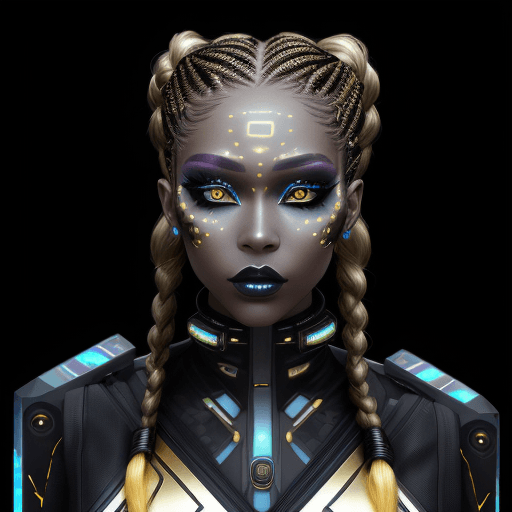 AI generated: a woman with a futuristic, cyberpunk-inspired face makeup, wearing a black and gold outfit with a ho...