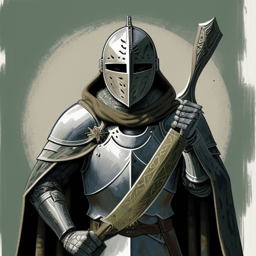 AI generated: a drawing of a knight with shield and cloak, in the style of adventure pulp, dark white and bronze, ...