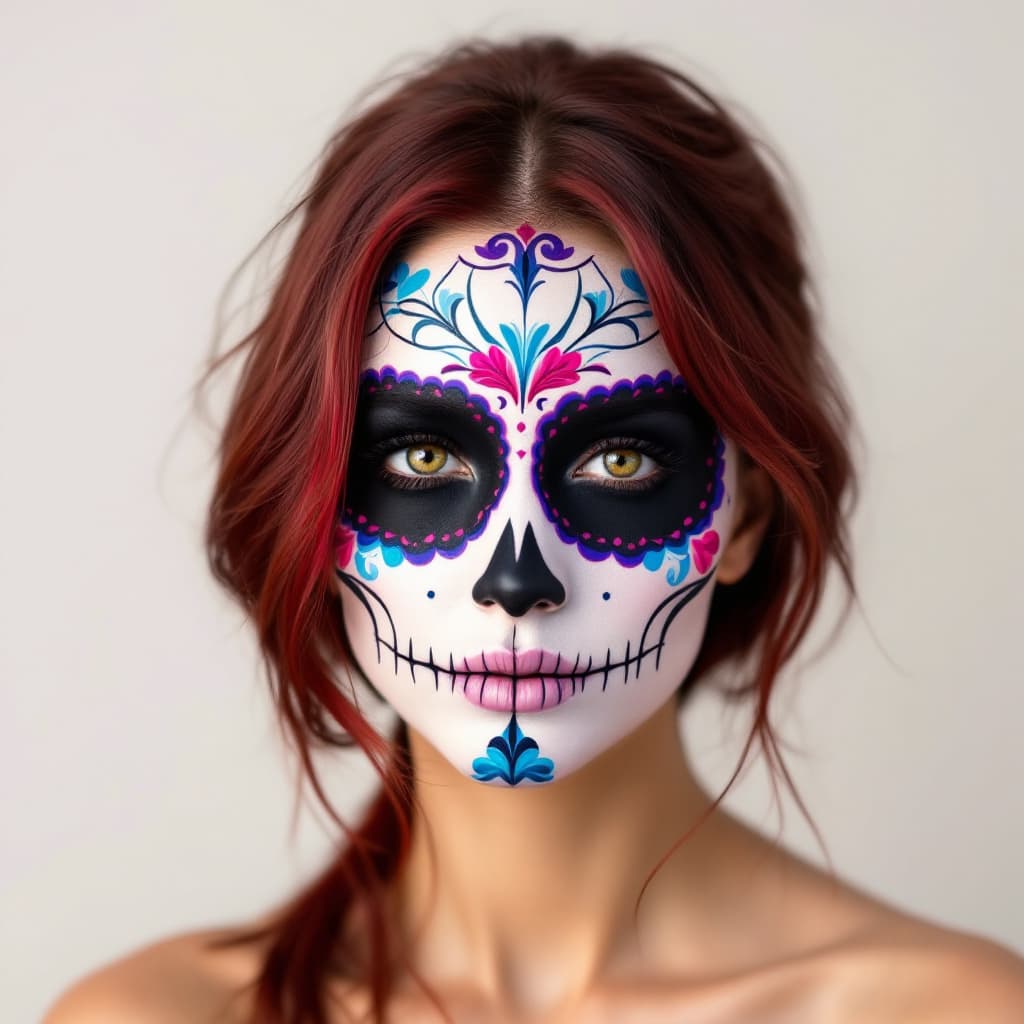 AI generated: Woman with Brown and reddish hair with a day of the dead mask on with black, Royal purple, Pink and ...