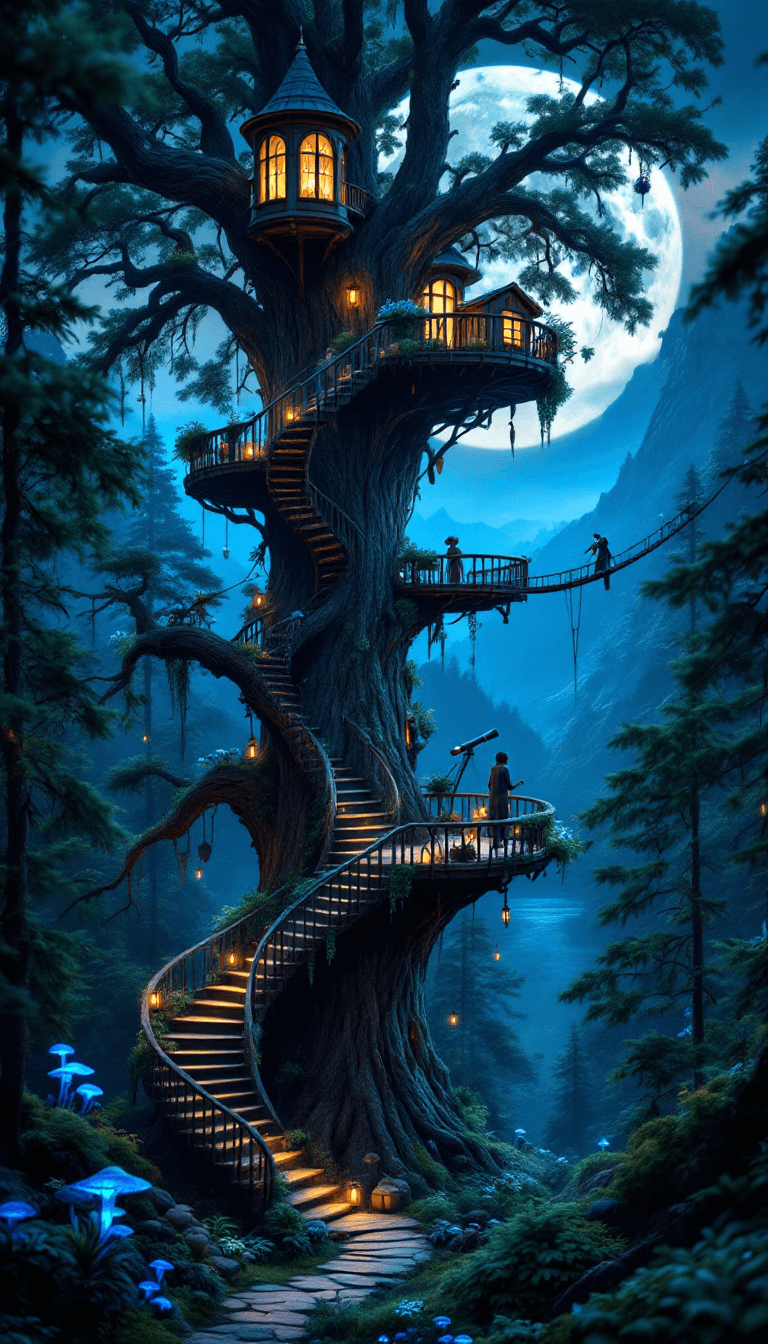 AI generated: A towering, multi-level magical treehouse built high in the limbs of an ancient pine, overlooking a ...