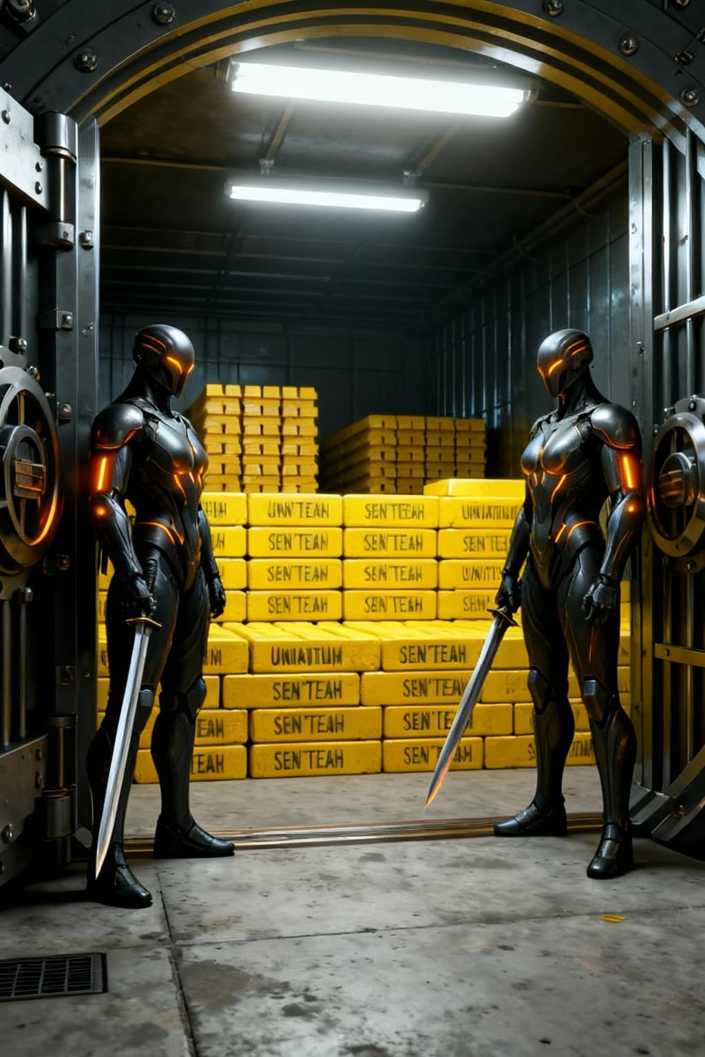 AI generated: Show a vault of stacked gold and yellow  Uniantum Bricks, with two guards guarding them. Unreal Engi...