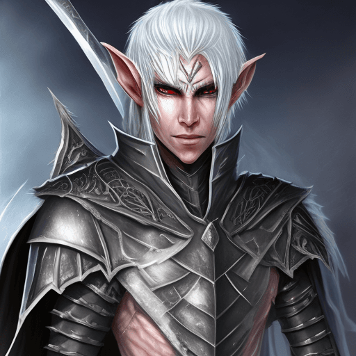 AI generated: Hyper realistic shadar-kai elf knight that has glowing veins with short white hair that is messy. He...