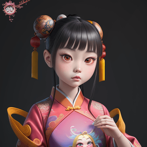 AI generated: A stunning digital painting of a young Chinese girl, with large expressive eyes in a whimsical Disne...