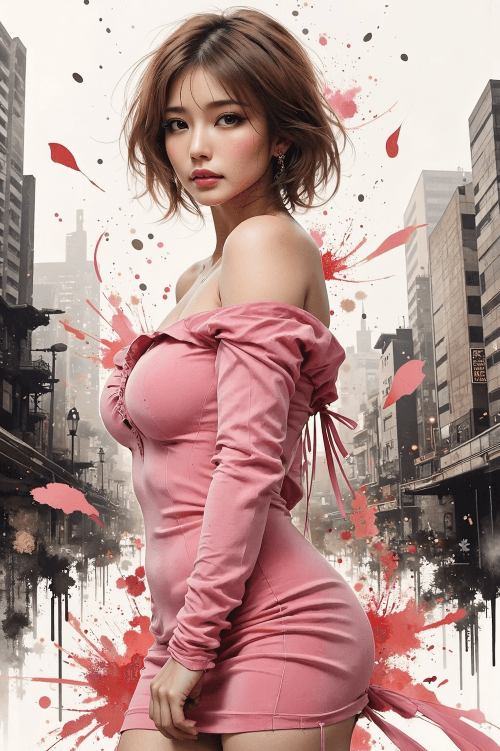 AI generated: A surreal half-body portrait of a young chinese woman with fair skin and dark brown short hair. She ...