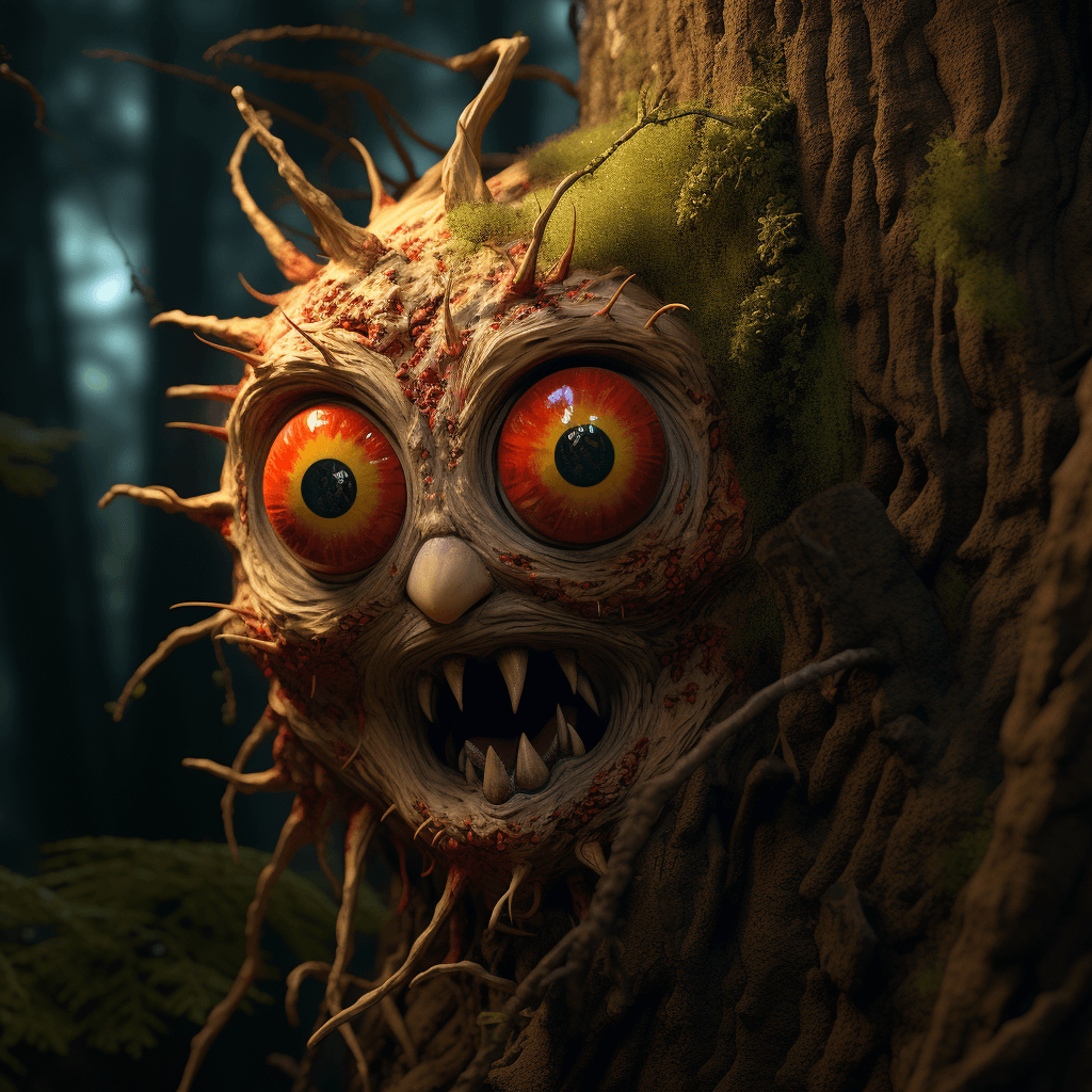 AI generated: a scary looking wood creature with a red eye, in the style of filip hodas, daz3d, sandy skoglund, na...