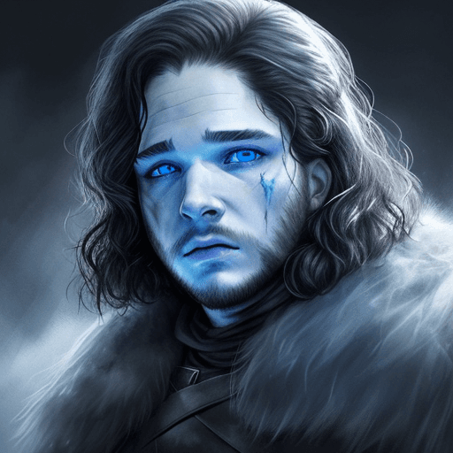 AI generated: ultra-realistic Jon Snow as a dead White Walker, with bright blue eyes glowing in the darkness. 
