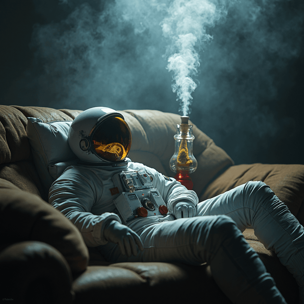AI generated: an astronaut wearing closed space suit chilling on a couch surround by his rasta friend smoking bong...