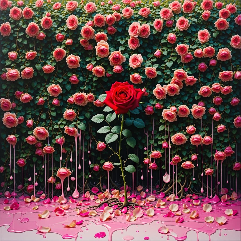 AI generated: A red rose shines in front of an immense rose bush that creates a surreal wall of more various color...