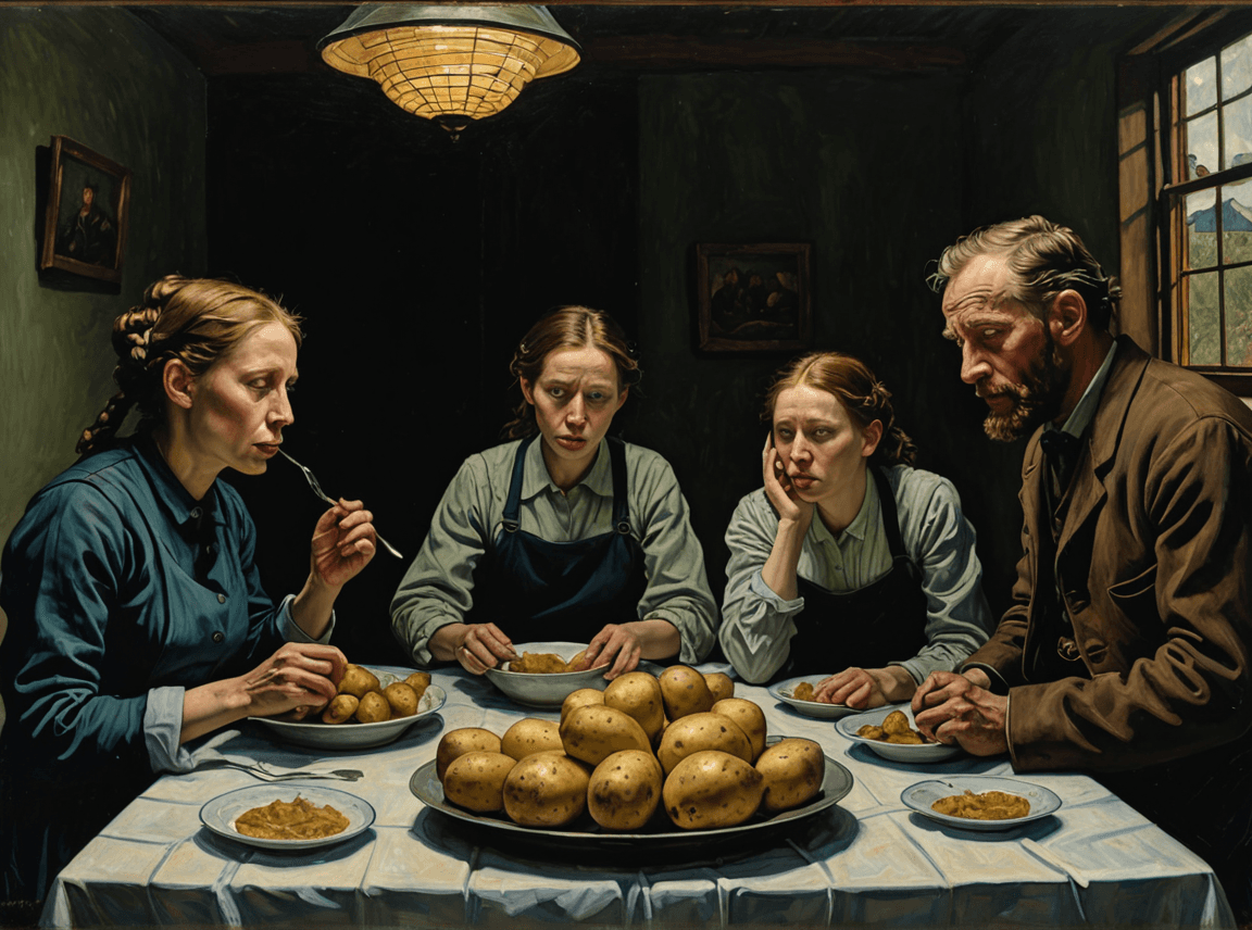 AI generated: a new interpretation of van Gogh's "Potato eaters," reimagined in the dramatic and masterful style o...