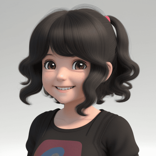 AI generated: small girl, 3D, 8k, wavy hair, black hair, smiling, front scene