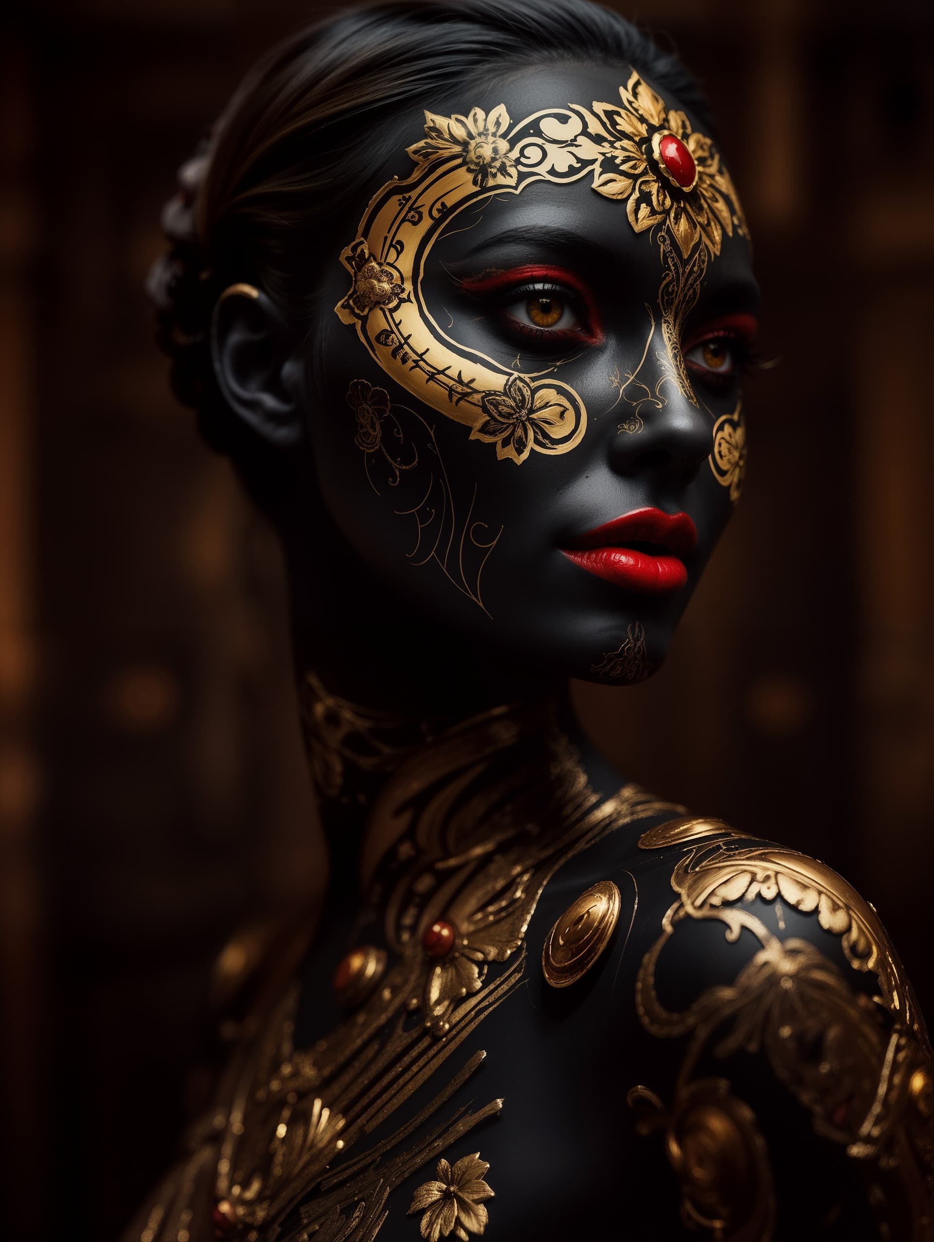 AI generated: The image depicts a striking portrait of a woman with her face painted in bold black and gold colors...